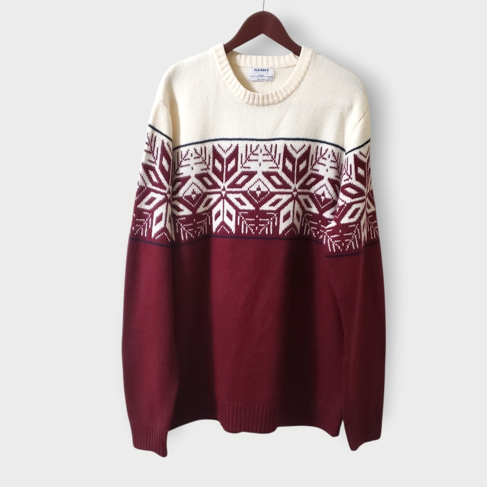 NWT Old Navy Mens Snowflake Fair Isle Crewneck Sweater Burgundy Red Sz XL TALL